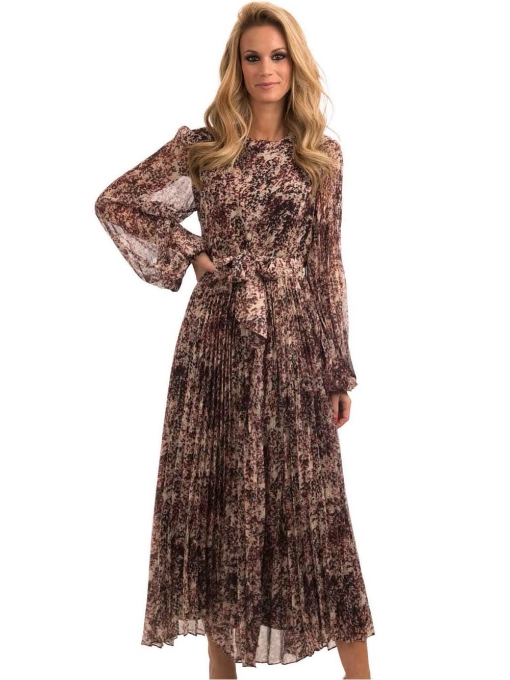 Women’s Long Sleeve Pleated Midi Dress in Brown Floral